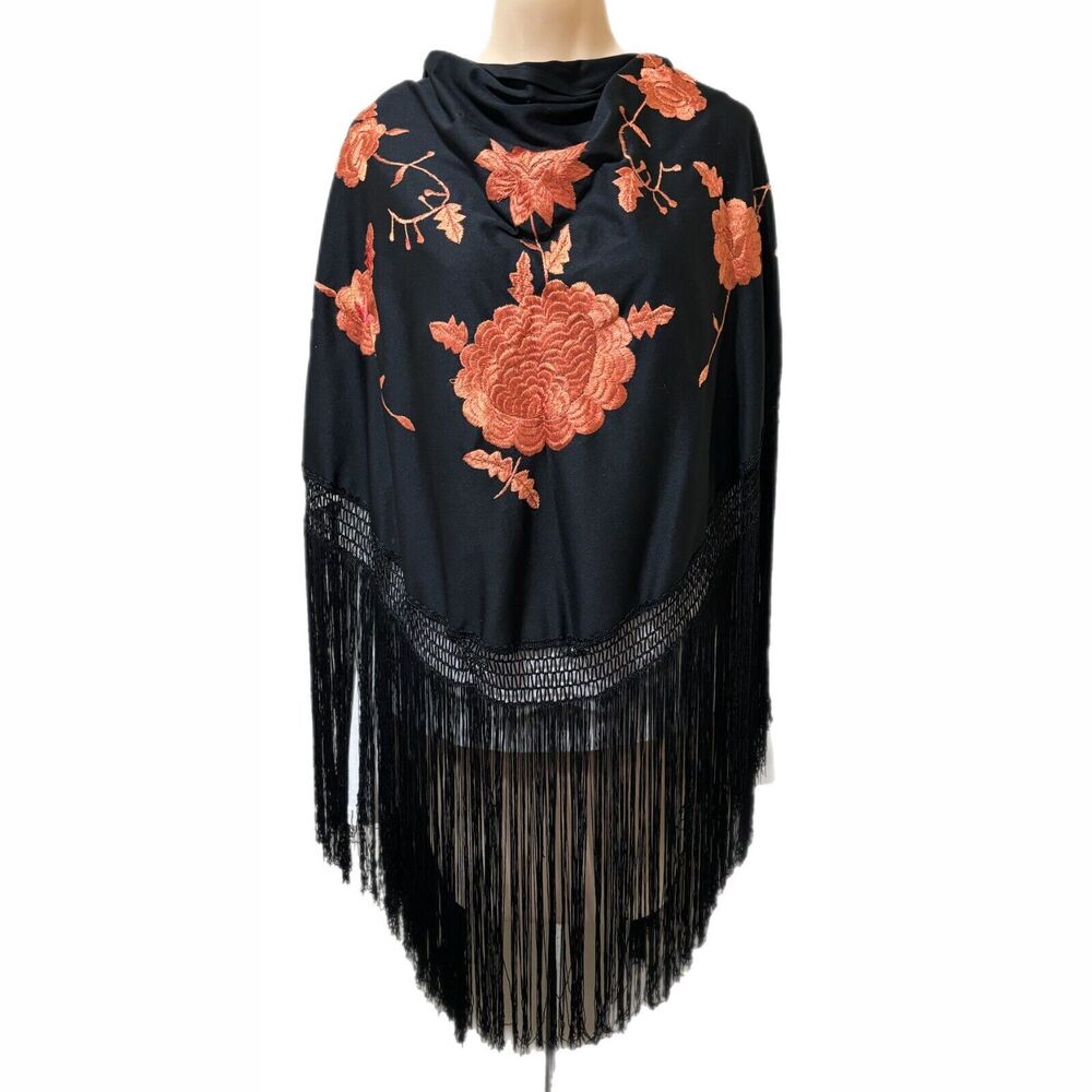 Black Floral Fringe Shawl with Coral Embroidery